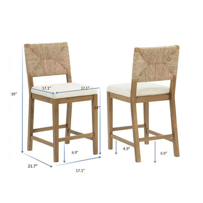 Counter Height Bar Chairs Mid Century Modern Woven Rope Back Beige Fabric Seat