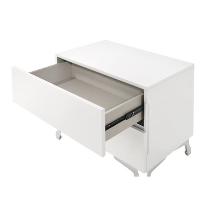24" Wide 2-Drawer Nightstand, White Gloss Finish, Silver Accent Trim