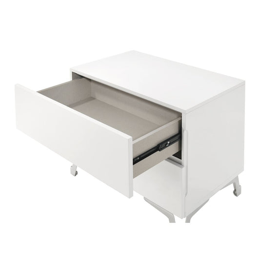 24" Wide 2-Drawer Nightstand, White Gloss Finish, Silver Accent Trim
