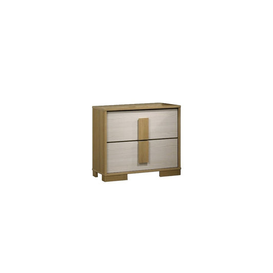 Beige two drawer wood bedroom nightstand