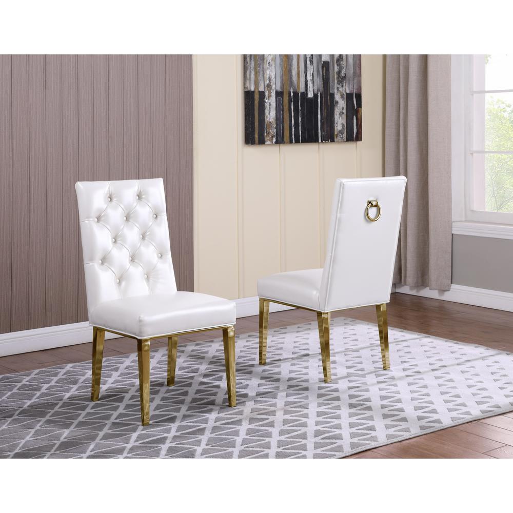 White Faux Leather Tufted Dining Side Chairs, Chrome Gold Legs - Set of 2