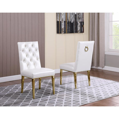 White Faux Leather Tufted Dining Side Chairs, Chrome Gold Legs - Set of 2