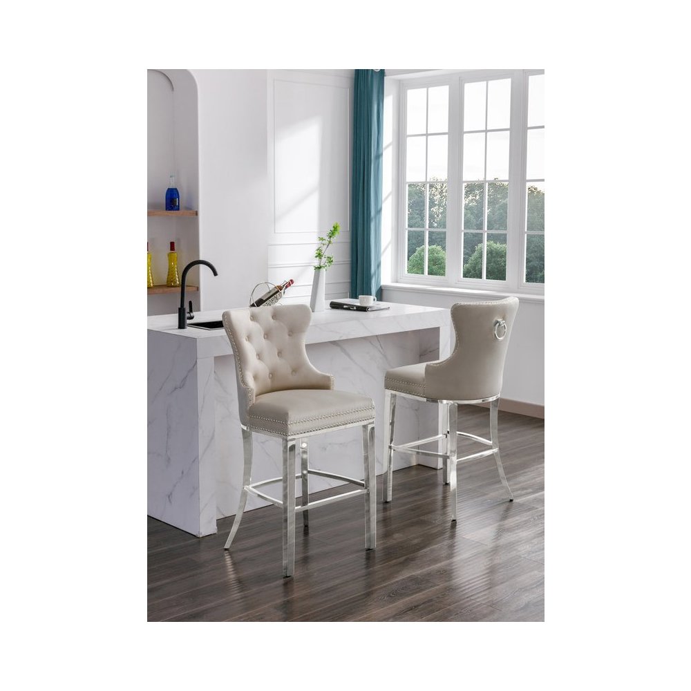 29" Cream velvet bar stool with stainless steel base (SET OF 2)