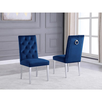Navy Bue Velvet Tufted Dining Side Chairs, Chrome Legs - Set of 2