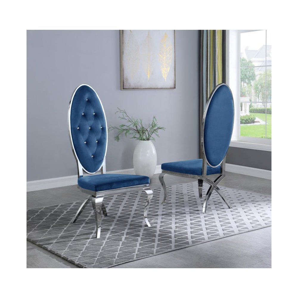 Navy Blue Velvet Faux Crystal Dining Side Chairs, Stainless Steel - Set of 2