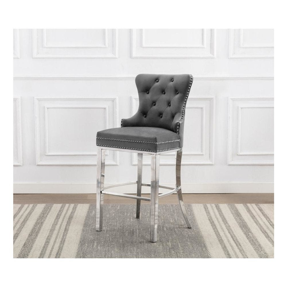 29" Dark grey velvet bar stool with stainless steel base (SET OF 2)