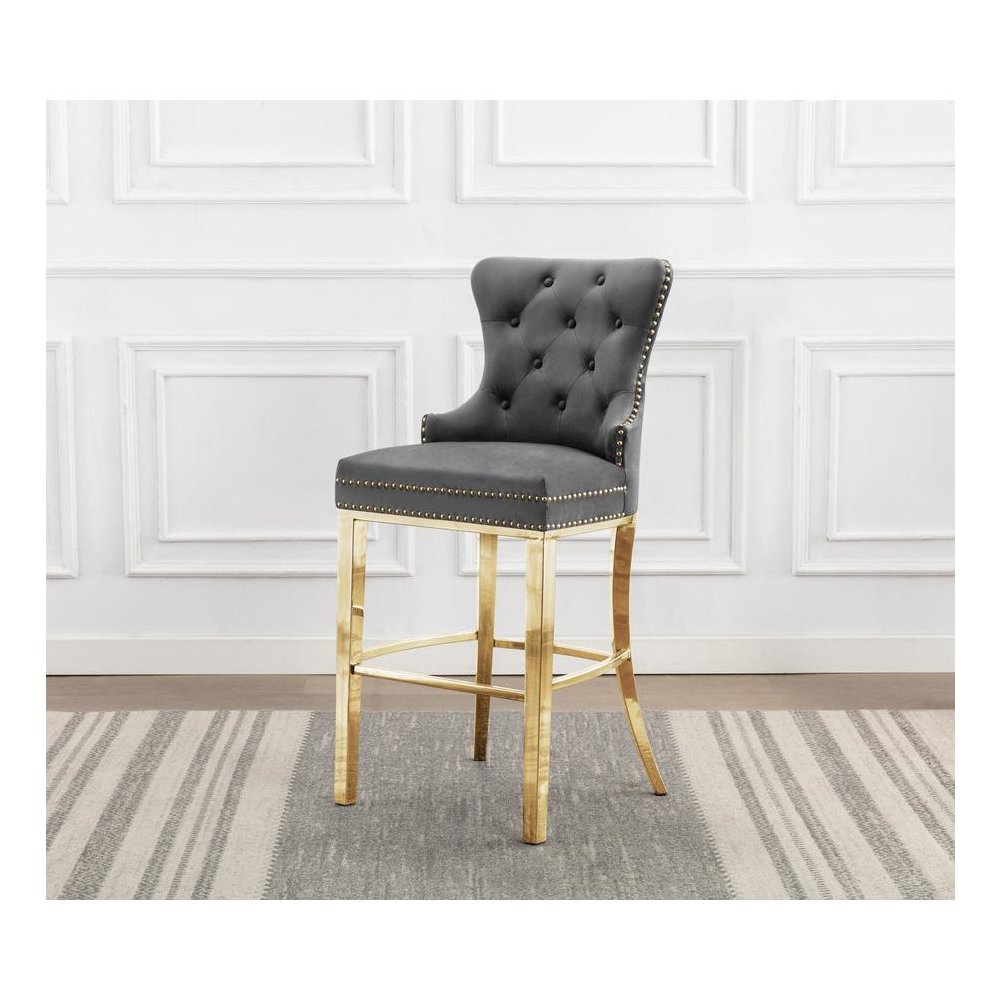 29" Dark grey velvet bar stool with gold color stainless steel base (SET OF 2)