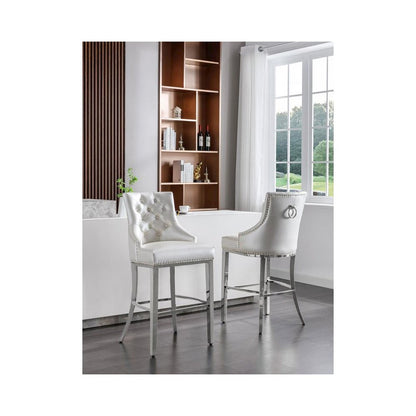 29" White faux leather barstool with a silver color base (SET OF 2)