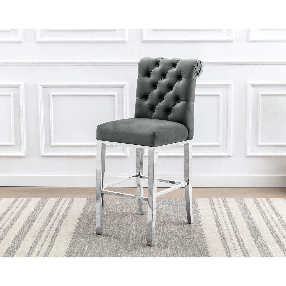 29" Dark Grey velvet barstool with a silver color base (SET OF 2)