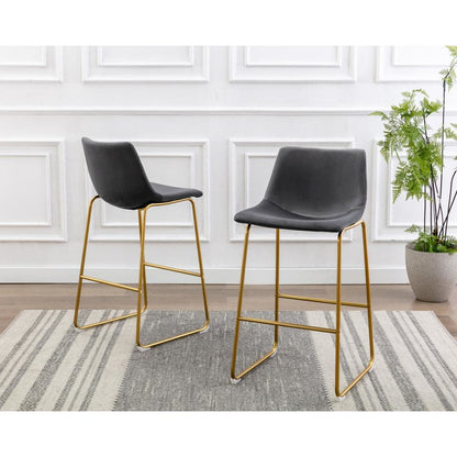 29" Uph Bucket Seat Bar Stool in Dark Grey Velvet, Chrome Gold Base (Set of 2)