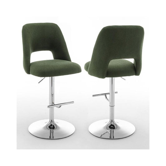 Boucle fabric upholstered barstool with a green seat and silver base (SET OF 2)