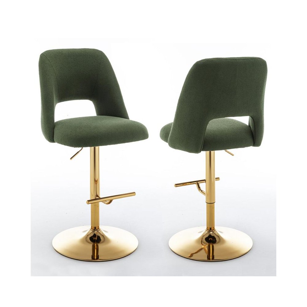 Boucle fabric upholstered barstool with a green seat and gold base (SET OF 2)