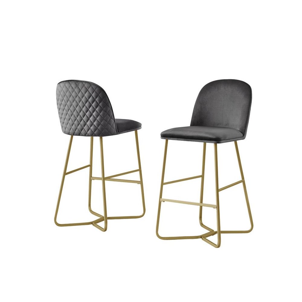 29" Dark gray velvet barstool w/ gold color iron base (set of 2)