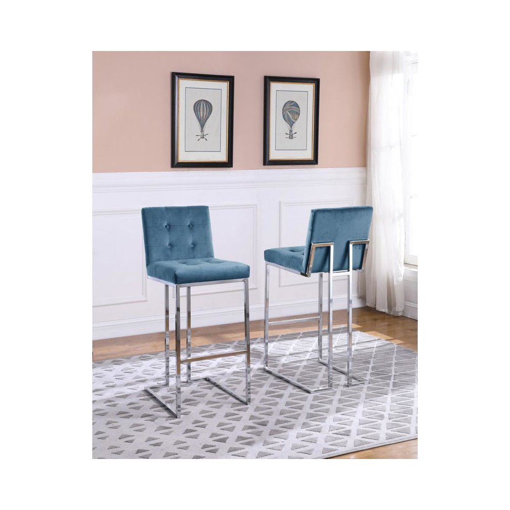 29" Tufted Velvet Upholstered Bar Stool in Teal Blue (Set of 2)