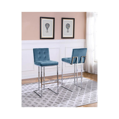 29" Tufted Velvet Upholstered Bar Stool in Teal Blue (Set of 2)