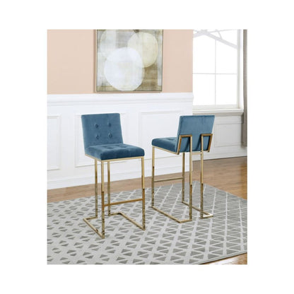 29" Tufted Velvet Upholstered Bar Stool in Teal Blue (Set of 2)