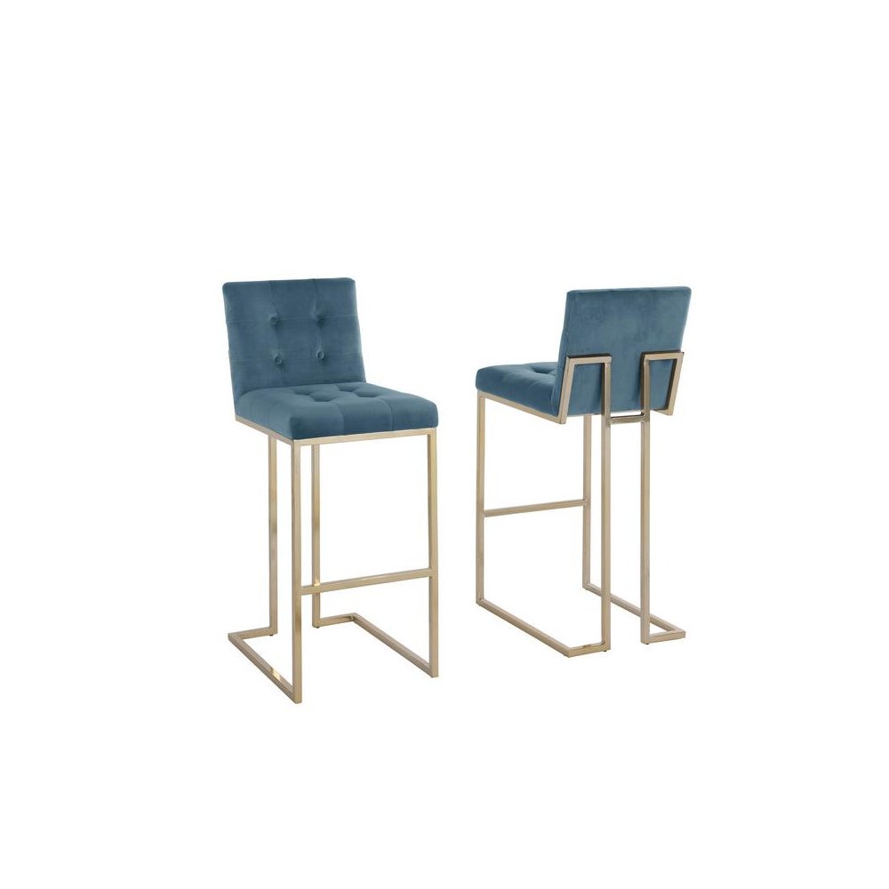 29" Tufted Velvet Upholstered Bar Stool in Teal Blue (Set of 2)