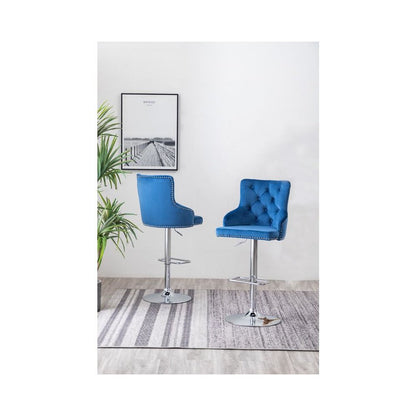 Tufted Velvet Upholstered Adjustable Bar Stool in Navy Blue, Set of 2, Navy Blue