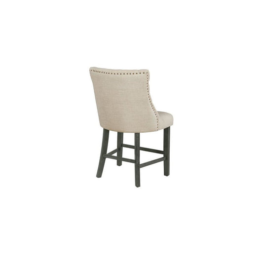 Counter height dining chairs in beige linen fabric with tufted buttons