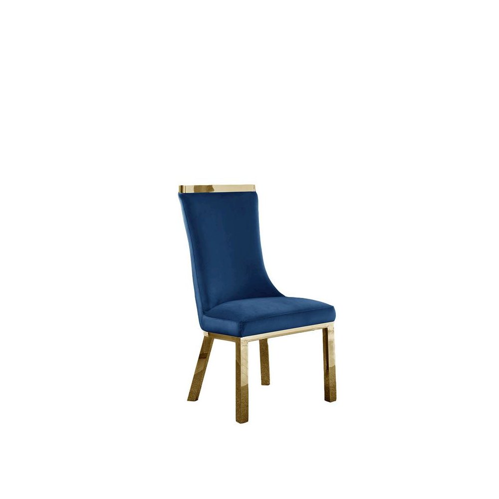 Upholstered dining chairs set of 2 in Navy blue velvet fabric, gold colored stainless steel base