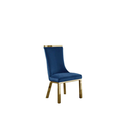 Upholstered dining chairs set of 2 in Navy blue velvet fabric, gold colored stainless steel base