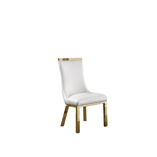 Upholstered dining chairs set of 2 in White faux leather with gold colored stainless steel base