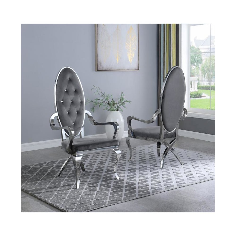 Velvet Arm Chair Set of 2, Stainless Steel, Dark grey