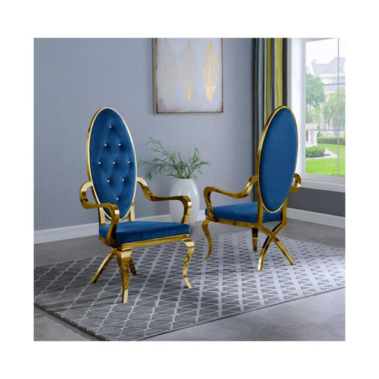 Navy Blue Velvet Tufted Arm Dining Chairs, Stainless Steel Gold Legs - Set of 2