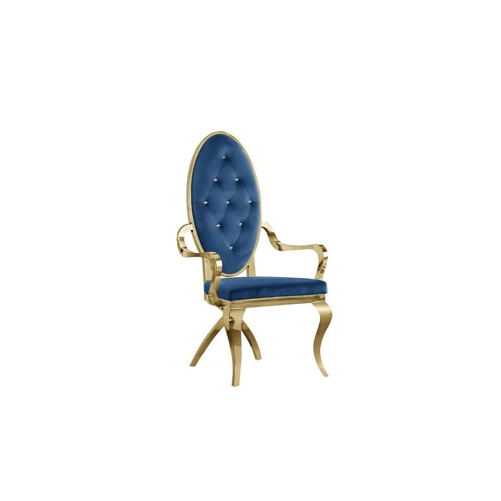 Navy Blue Velvet Tufted Arm Dining Chairs, Stainless Steel Gold Legs - Set of 2