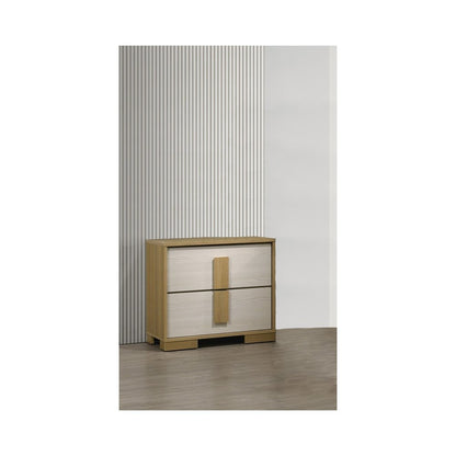 Beige two drawer wood bedroom nightstand