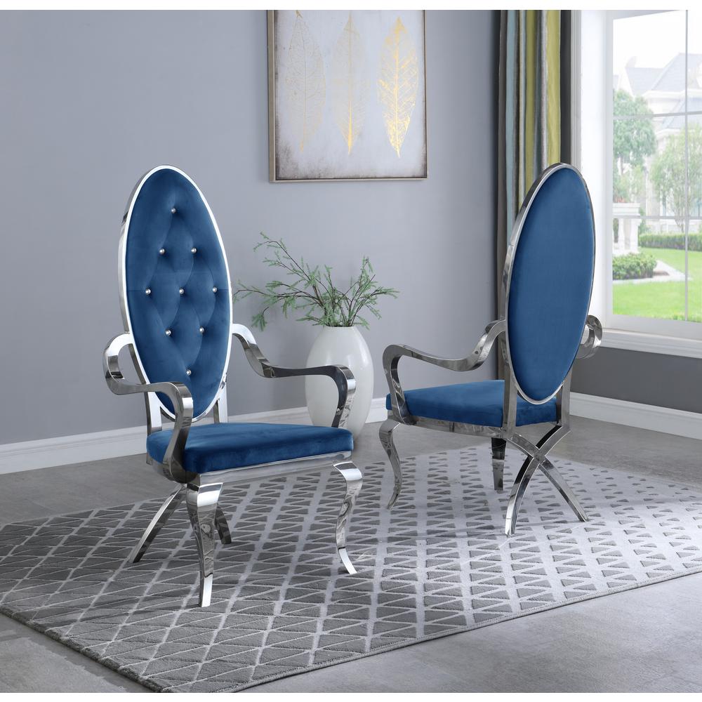 Navy Blue Velvet Tufted Arm Dining Chairs, Stainless Steel Legs - Set of 2