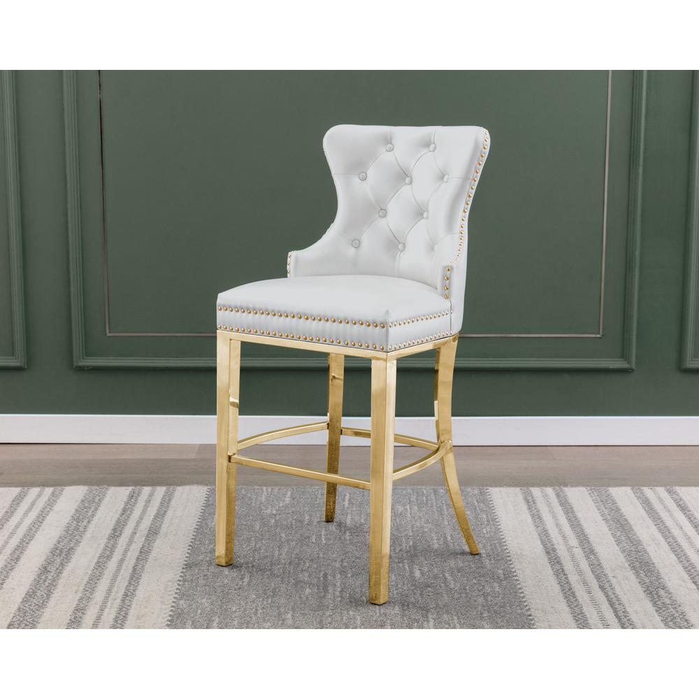 White faux leather bar stool with gold color stainless steel base (SET OF 2)