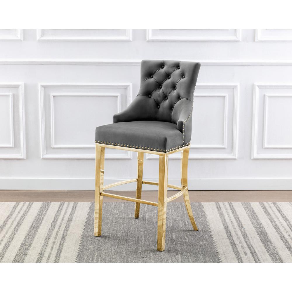 29" Dark grey velvet barstool with a gold color base (SET OF 2)