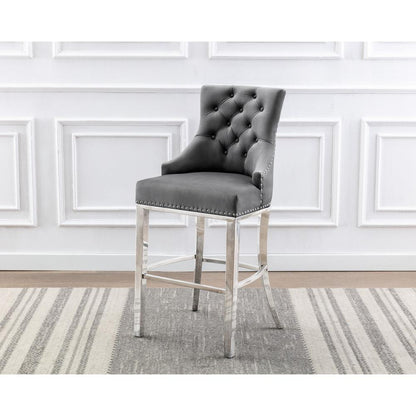 29" Dark Grey velvet barstool with a silver color base (SET OF 2)