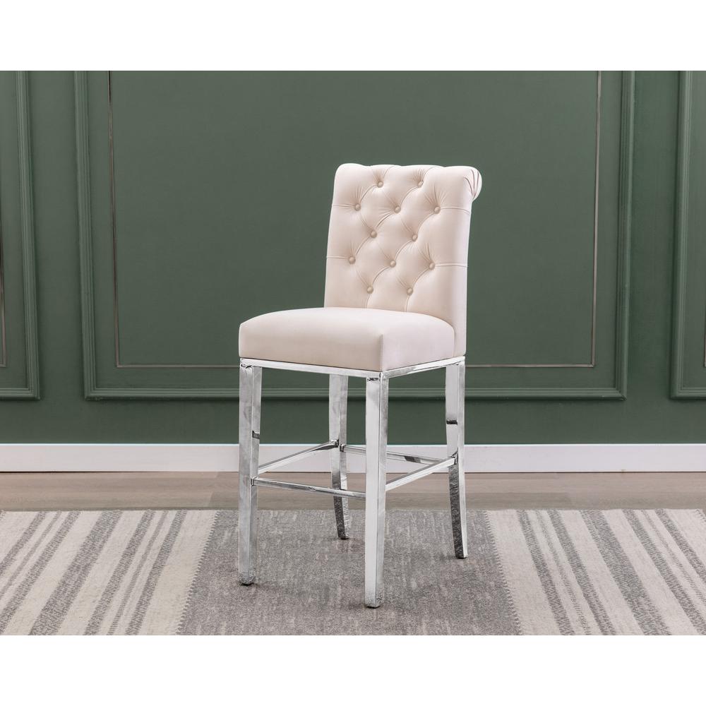 29" Cream velvet barstool with a silver color base (SET OF 2)