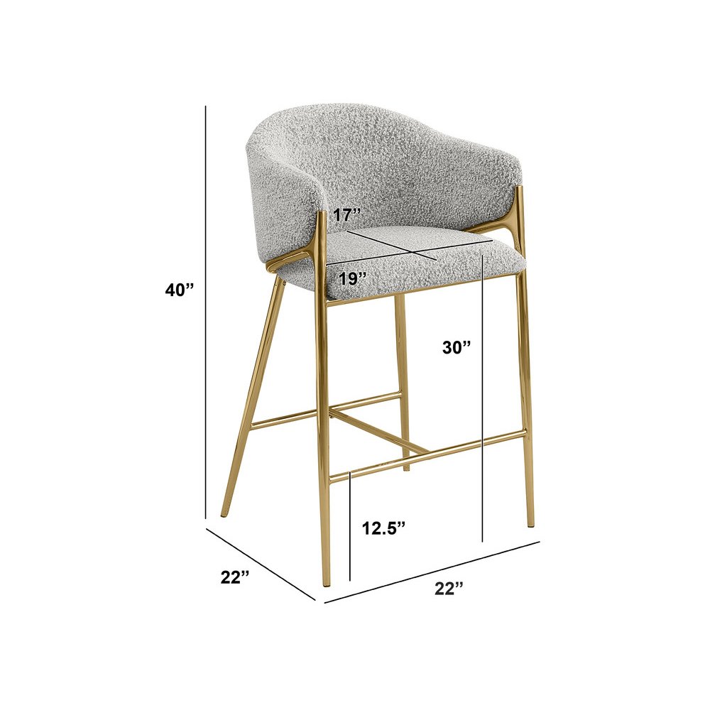 Rich gray barstools (29") in boucle fabric and gold chrome base (SET OF 2)