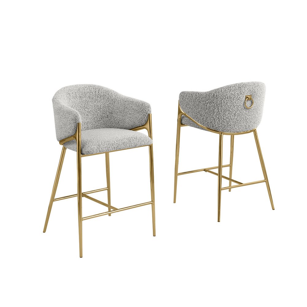 Rich gray barstools (29") in boucle fabric and gold chrome base (SET OF 2)