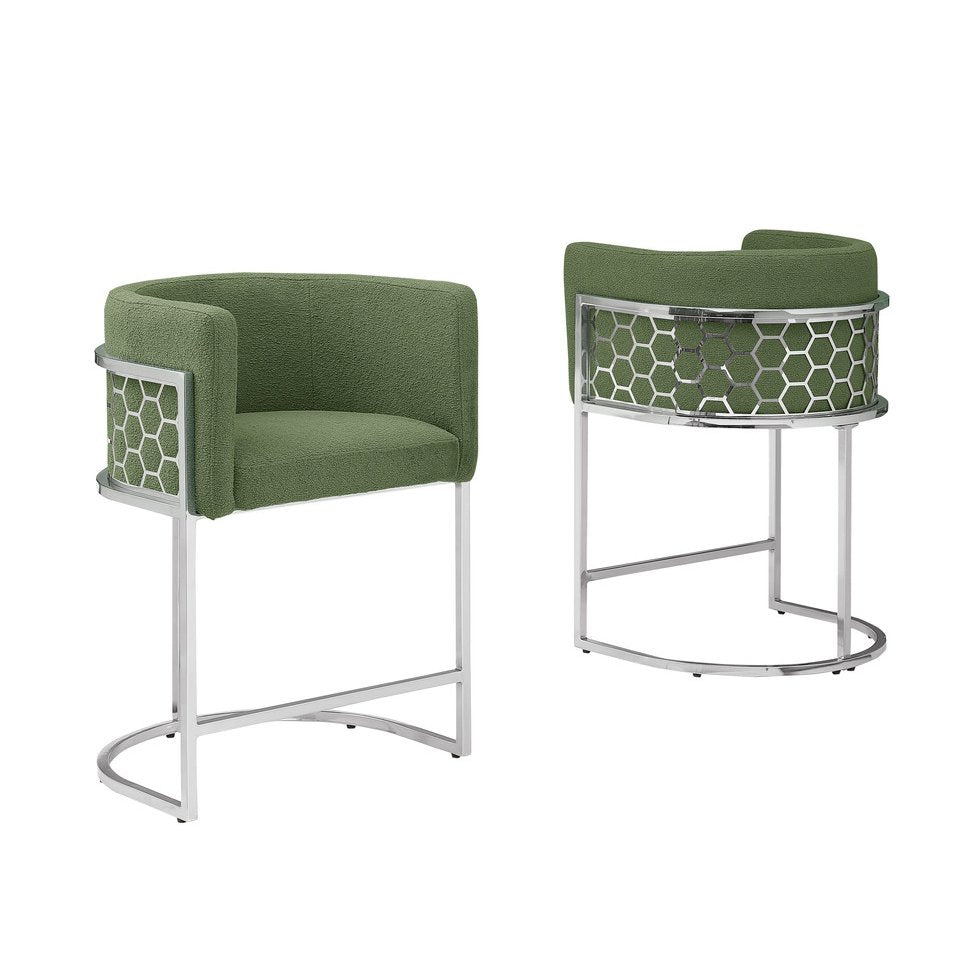 Honeycomb back barrel chair in Green with silver base, Set of 2