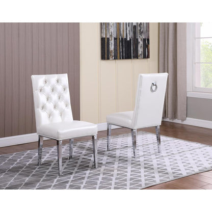 White Faux Leather Tufted Dining Side Chairs, Chrome Legs - Set of 2