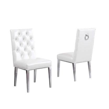 White Faux Leather Tufted Dining Side Chairs, Chrome Legs - Set of 2
