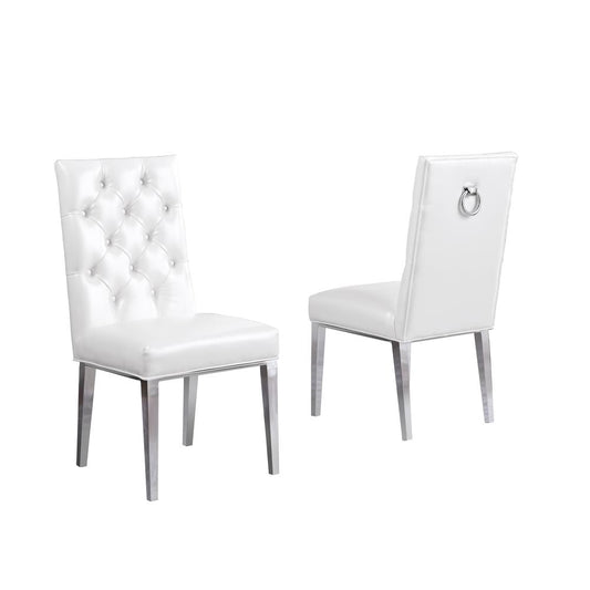 White Faux Leather Tufted Dining Side Chairs, Chrome Legs - Set of 2