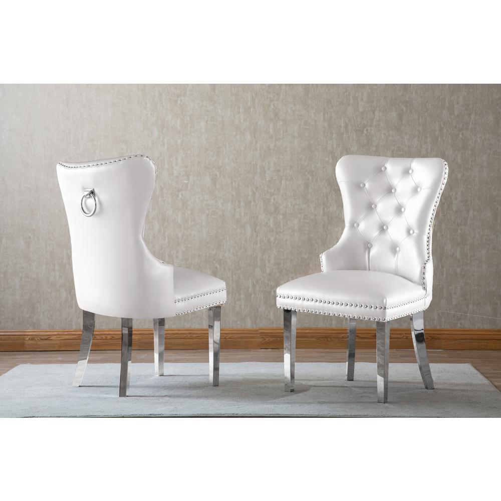 White Faux Leather Tufted Dining Side Chairs, Stainless Steel Legs - Set of 2