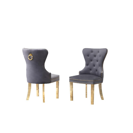 Velvet Tufted Side Chair Set of 2, Stainless Steel Gold Legs, Dark grey