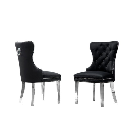 Velvet Tufted Dining Chair, Stainless Steel Legs (Set of 2) - Black