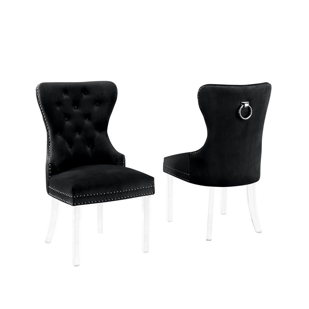 Black Velvet Tufted Dining Side Chairs, Acrylic Legs - Set of 2