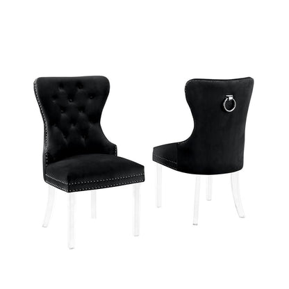 Black Velvet Tufted Dining Side Chairs, Acrylic Legs - Set of 2