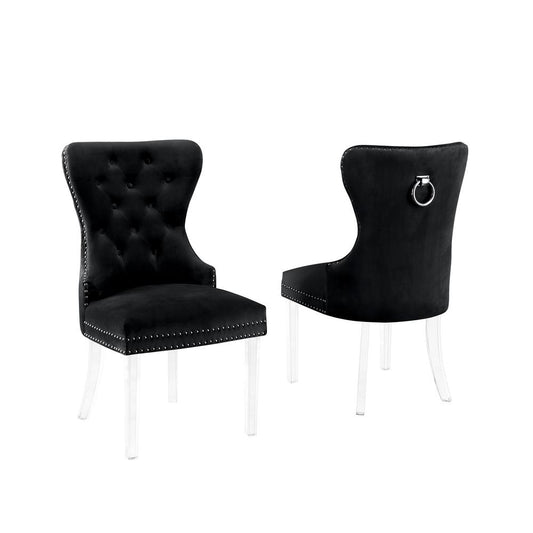 Black Velvet Tufted Dining Side Chairs, Acrylic Legs - Set of 2