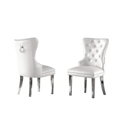 White Faux Leather Tufted Dining Side Chairs, Stainless Steel Legs - Set of 2