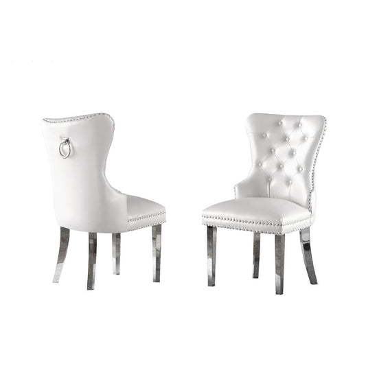 White Faux Leather Tufted Dining Side Chairs, Stainless Steel Legs - Set of 2