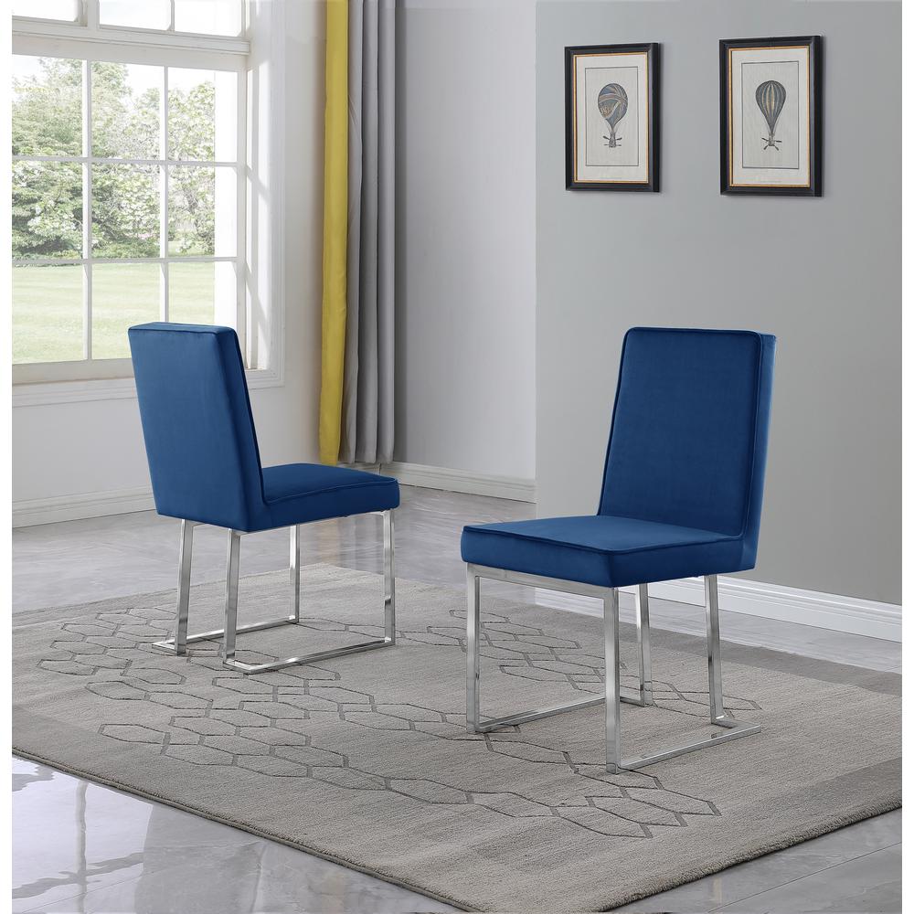 Navy Blue Velvet Upholstered Dining Side Chairs, Chrome Base, Set of 2